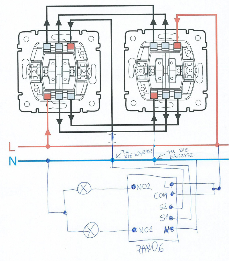 Как подключить перекрестный выключатель. Схема подключения проходного выключателя Шнайдер. Схема двухклавишного проходного выключателя Шнайдер. Двухклавишный выключатель Шнайдер схема. Схема подключения двойного выключателя Шнайдер.